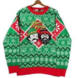 Cheech & Chong Ugly Christmas Sweater Mens Small Green Fair Isle Cannabis Leaf